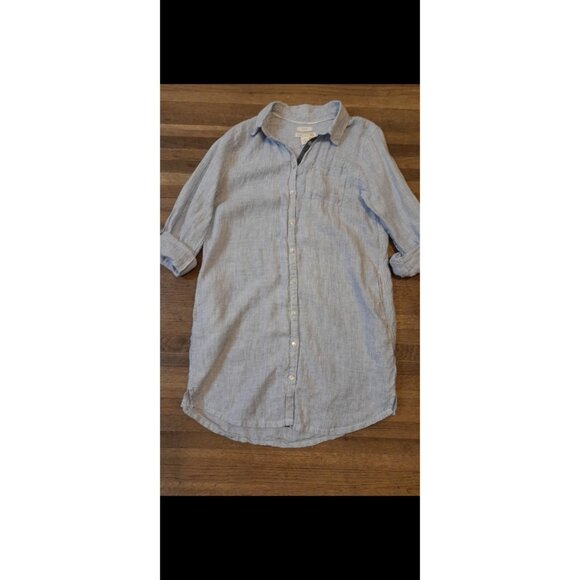 Womens Striped Linen Quiet Luxury Roll Tab Beachy Vacation Sz Large Shirt Dress - Picture 3 of 9